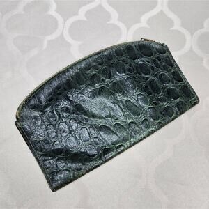 Vintage Genuine Leather Crocodile Green Wallet w/ Zippers & Coin Pocket Snap